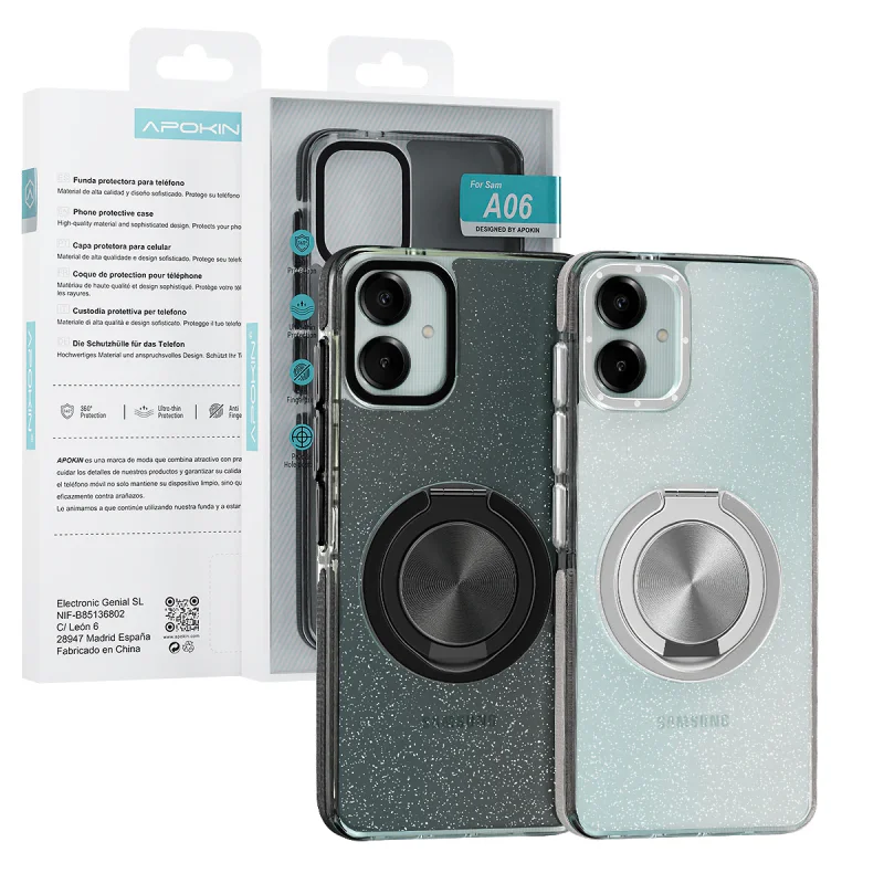 Capa com Brilho Apokin para Samsung Galaxy A06 com Suporte 360 Preto - Imagem 1