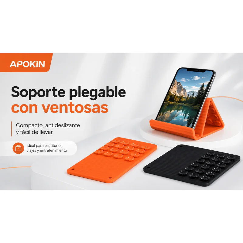 Suporte Dobrável Universal Apokin para Telemóvel e Tablet com Ventosa Preto - Imagem 2