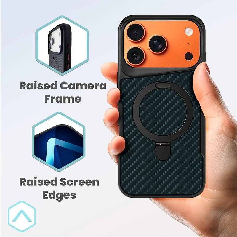 Capa Apokin Efeito Carbono com Anel e Suporte para iPhone 17 Pro Max / 18 Pro Max - Imagem 4