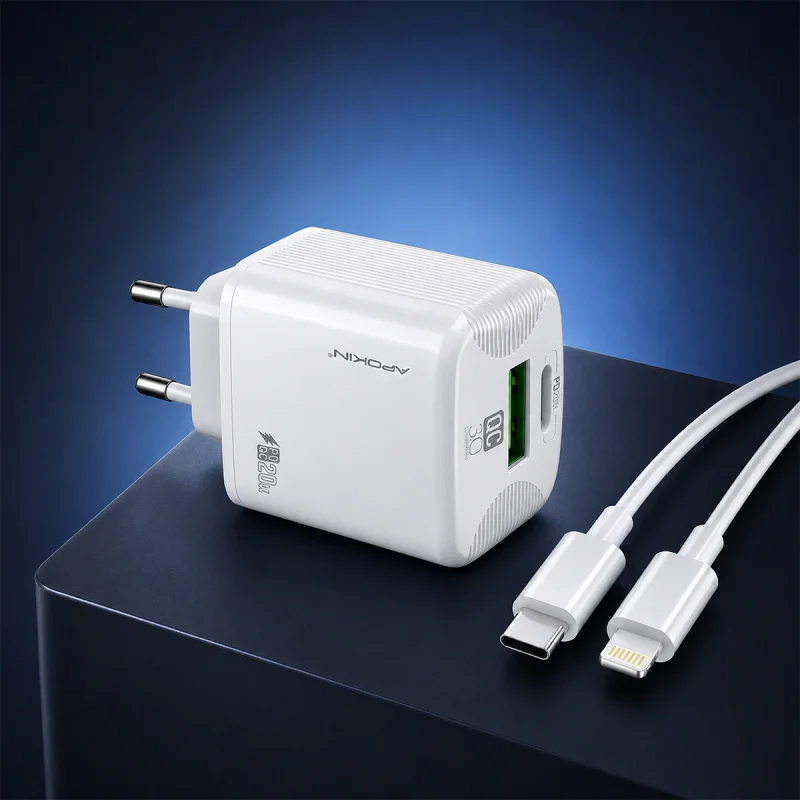 Carregador de Parede Apokin Duplo USB-A e PD 20 W 3,0 A Branco - Imagem 3