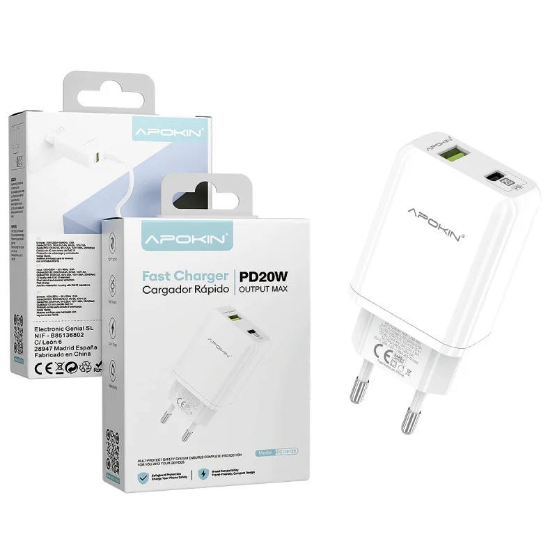 Carregador Rápido 20W USB-C PD e USB Apokin sem Cabo Branco