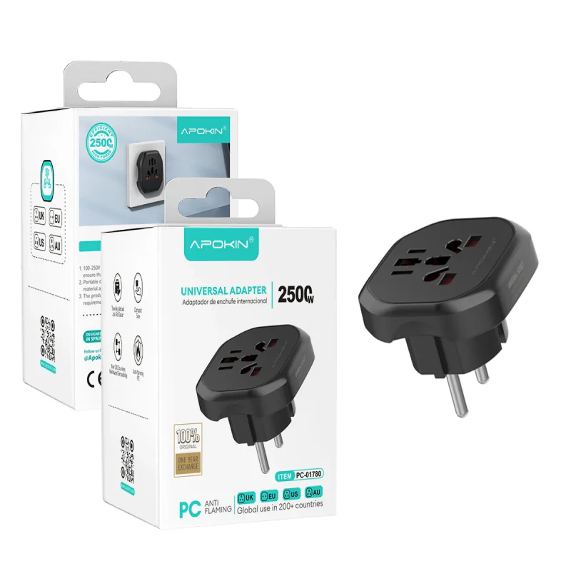 Adaptador de Tomada Universal de Viagem Apokin Internacional Preto