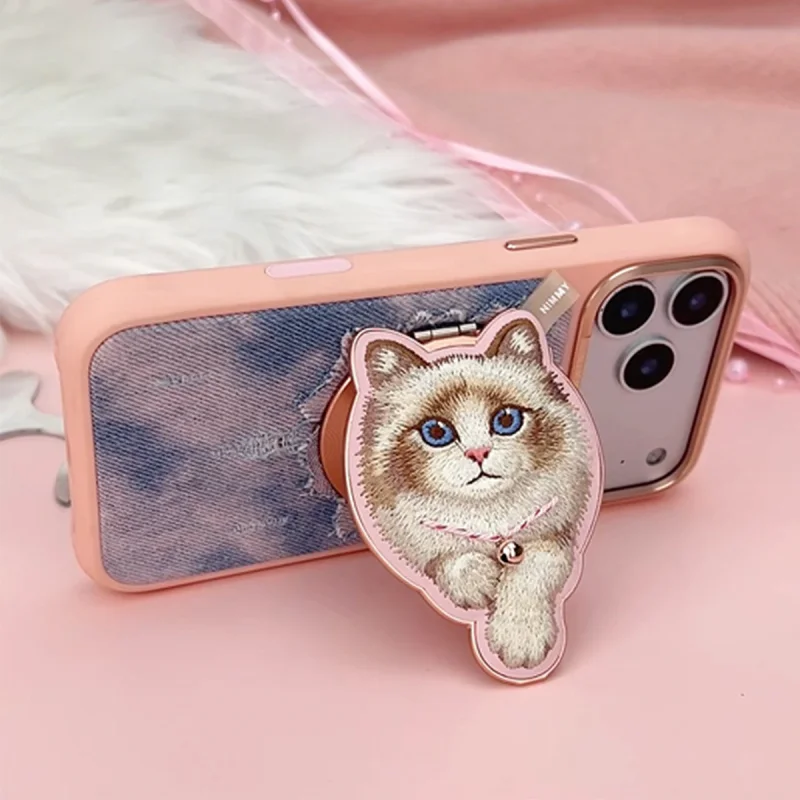 Suporte Magnético Apokin Nimmy Friends em Ganga com Gato Bordado Rosa - Imagem 3