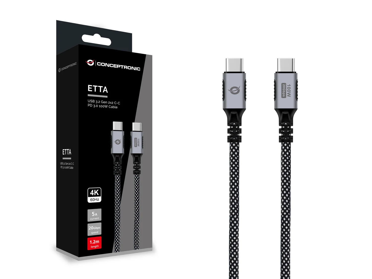 Cabo USB-C Conceptronic ETTA07B12 USB 3.2 Gen 2x2 20 Gbps PD 100W 4K 60Hz E-Mark Entrançado 1,2 m Preto - Imagem 3