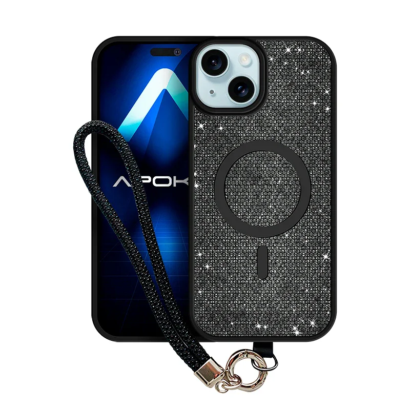 Capa Apokin para iPhone 15 com MagSafe Diamantes e Alça Preto - Imagem 2