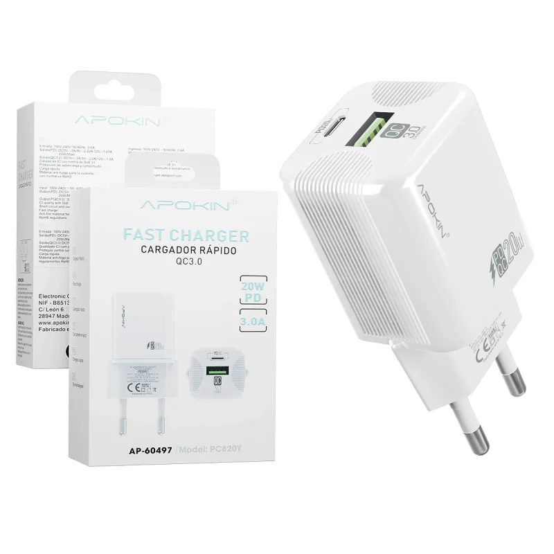 Carregador de Parede Apokin PC820Y Duplo USB-A + USB-C PD 20 W 3.0 A Branco