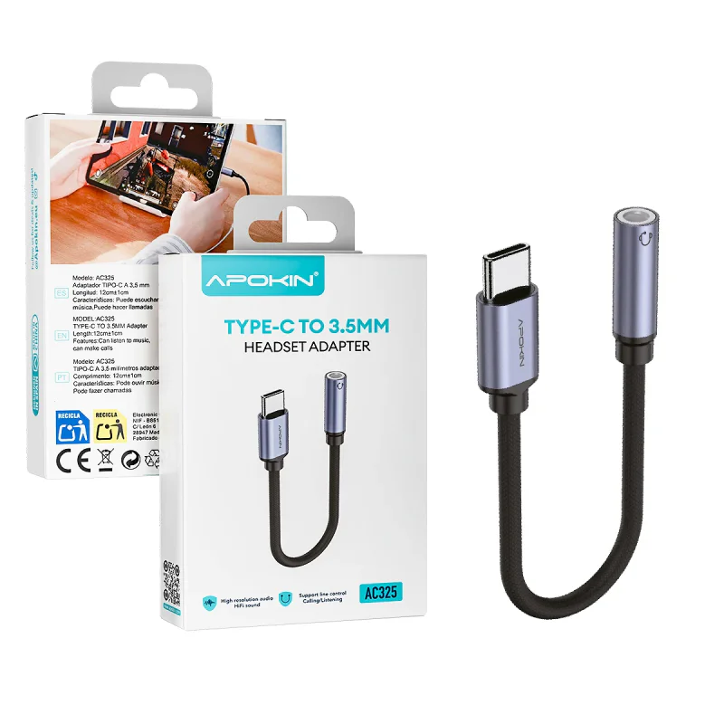 Adaptador de Áudio Apokin USB Type-C para Jack 3.5 mm AC325