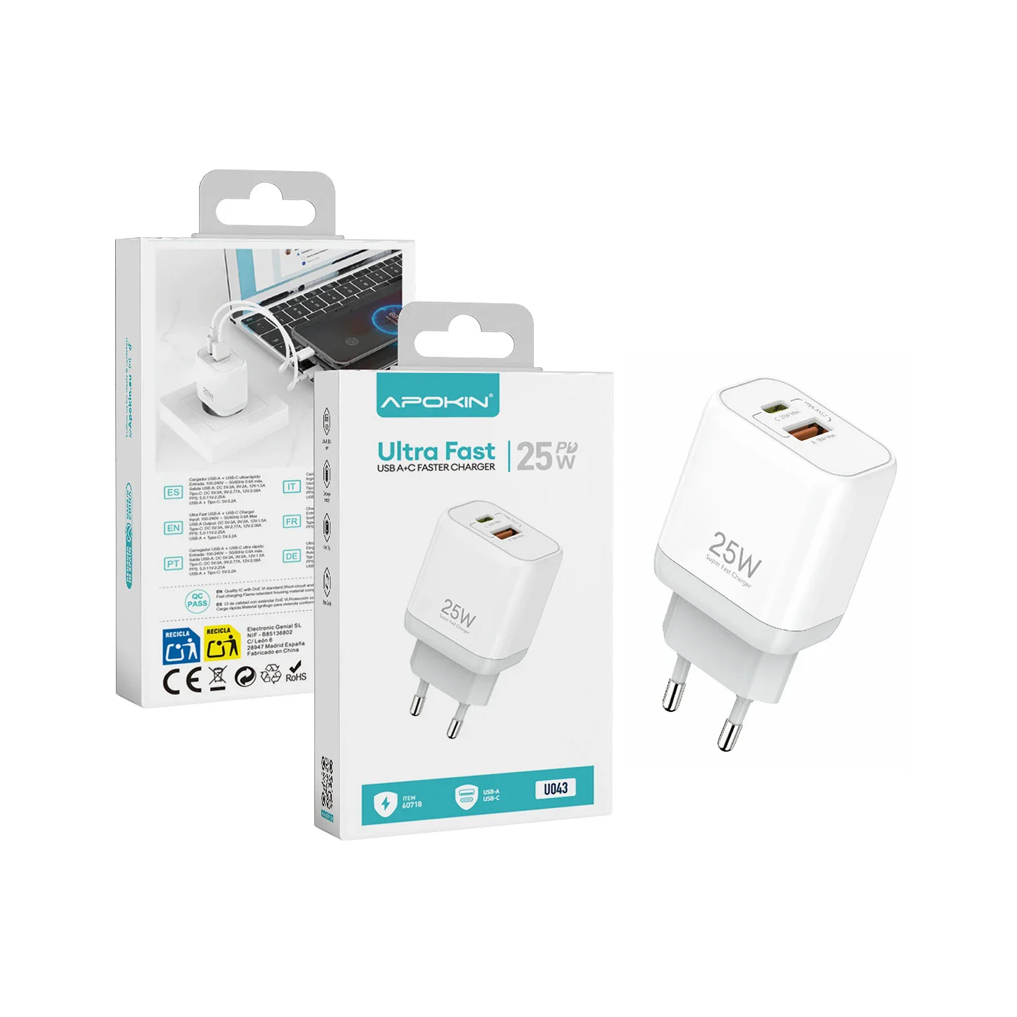 Carregador Apokin 25W USB-A e USB-C Ultra Rápido Branco U043 Sem Cabo - Imagem 2