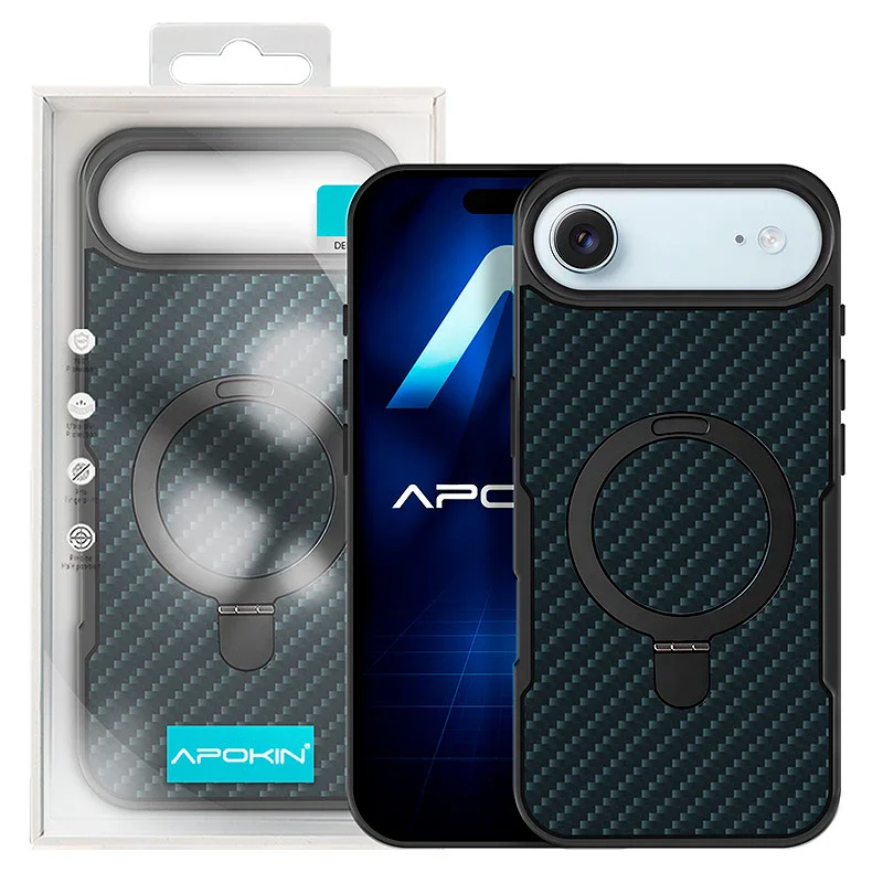 Capa Apokin para iPhone 17 Air com Textura de Carbono e Suporte de Anel