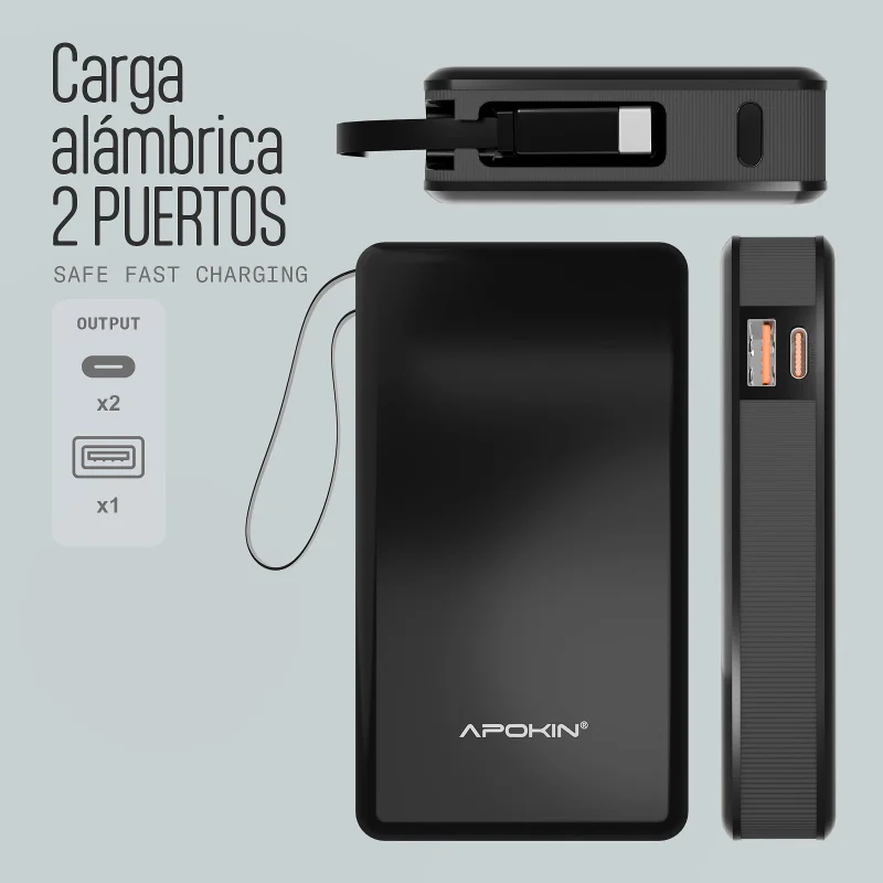 Powerbank 10000 mAh com Cabos Integrados Apokin PB-71233 - Imagem 2