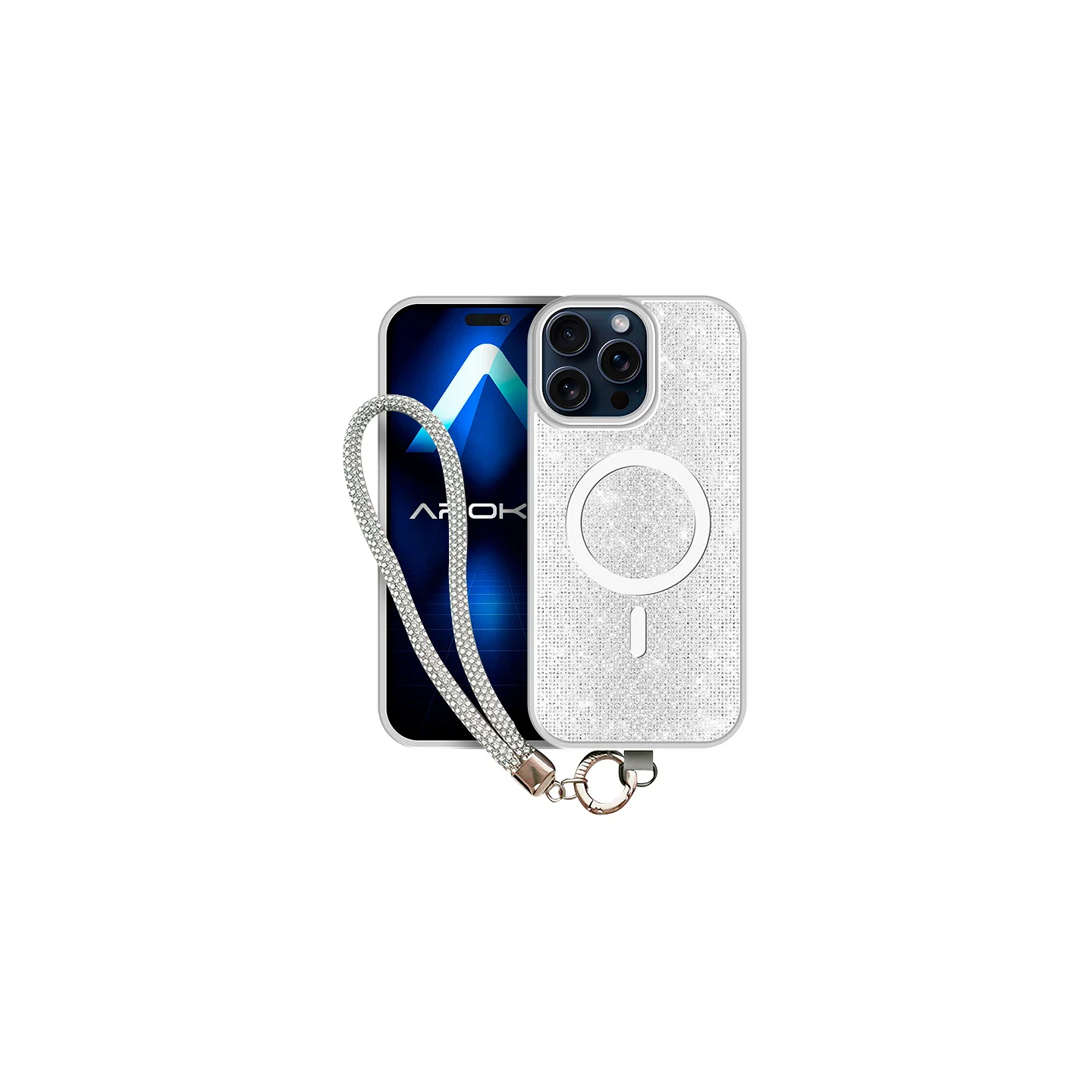 Capa Apokin para iPhone 15 Pro com MagSafe, Diamantes e Alça Prata