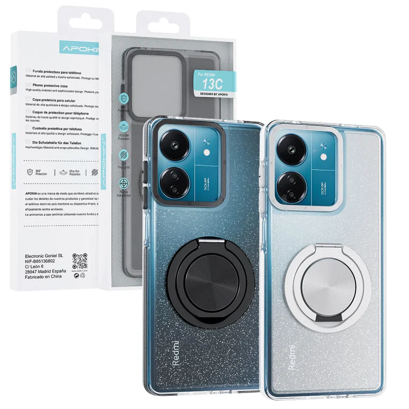 Capa Apokin para Xiaomi Redmi 12 Purpurina com Suporte 360 Prata - Imagem 1