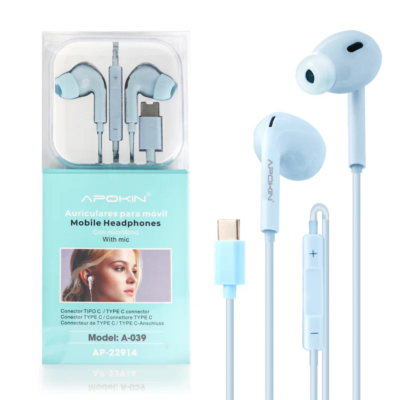 Auriculares Apokin com Microfone Conector USB Tipo-C e Pontas de Borracha Azul