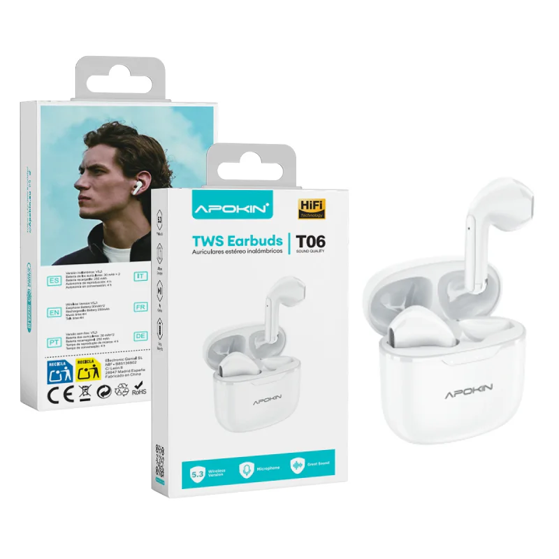Auriculares Apokin T06 Bluetooth 5.3 Branco