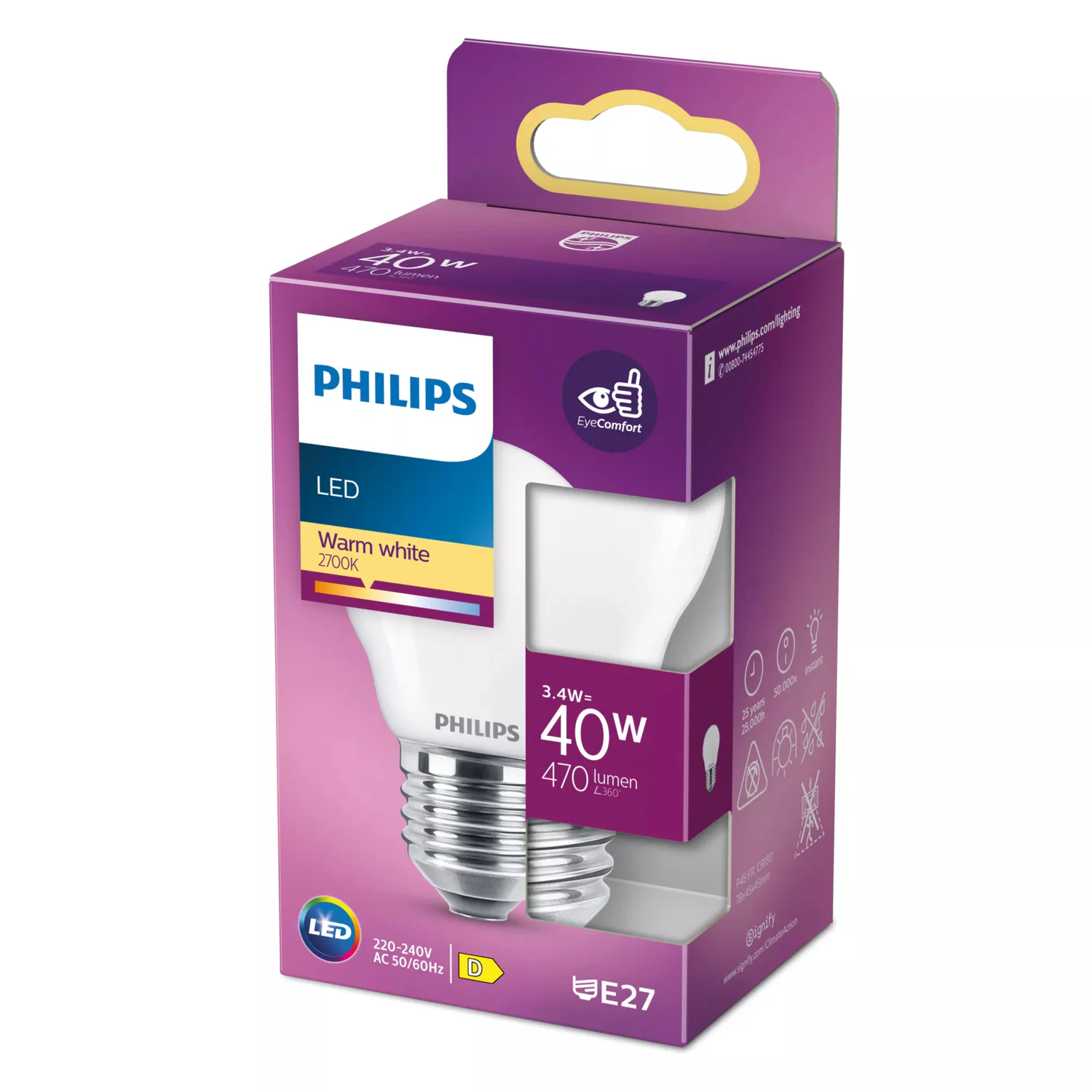 Lâmpada LED Philips Esférica P45 E27 40W 470 lm Branco Quente 2700K Fosca - Imagem 3