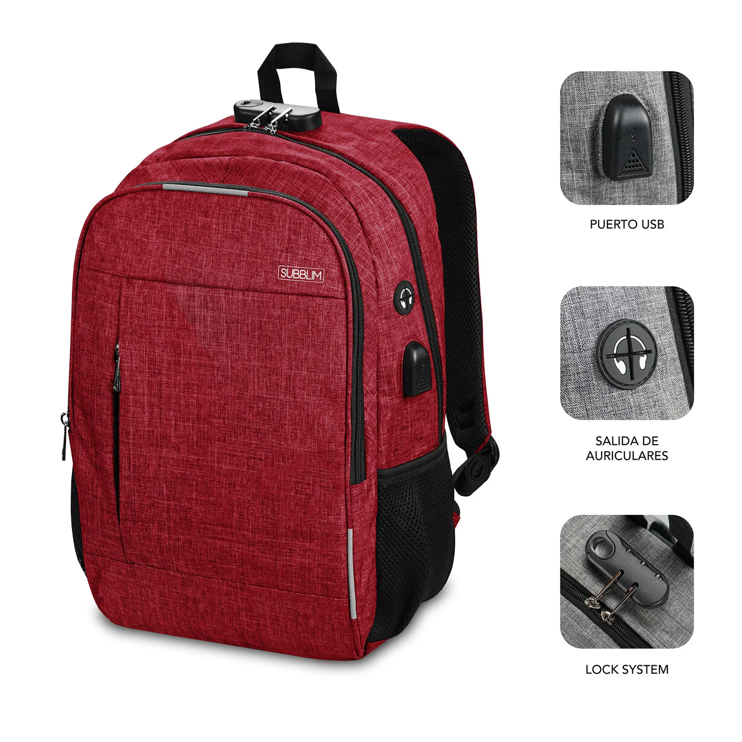 Mochila Subblim Urban Lock para Portátil até 16" Antirroubo com Porta USB Vermelha - Imagem 6