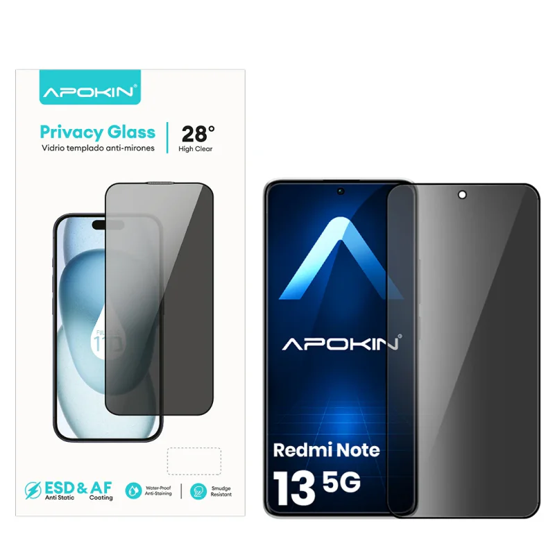 Película de Vidro Temperado Apokin Privacidade 5D Curvo para Xiaomi Redmi Note 13 5G e Note 13 Pro Preto