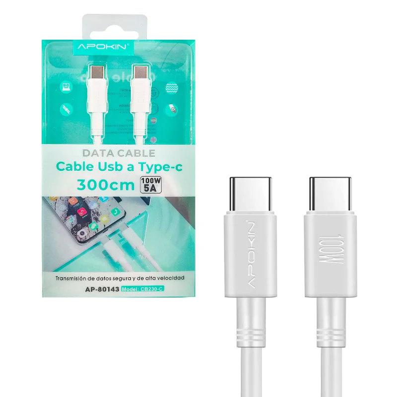 Cabo USB-C para USB-C Apokin Carregamento e Dados 100 W 5 A 3 m Branco