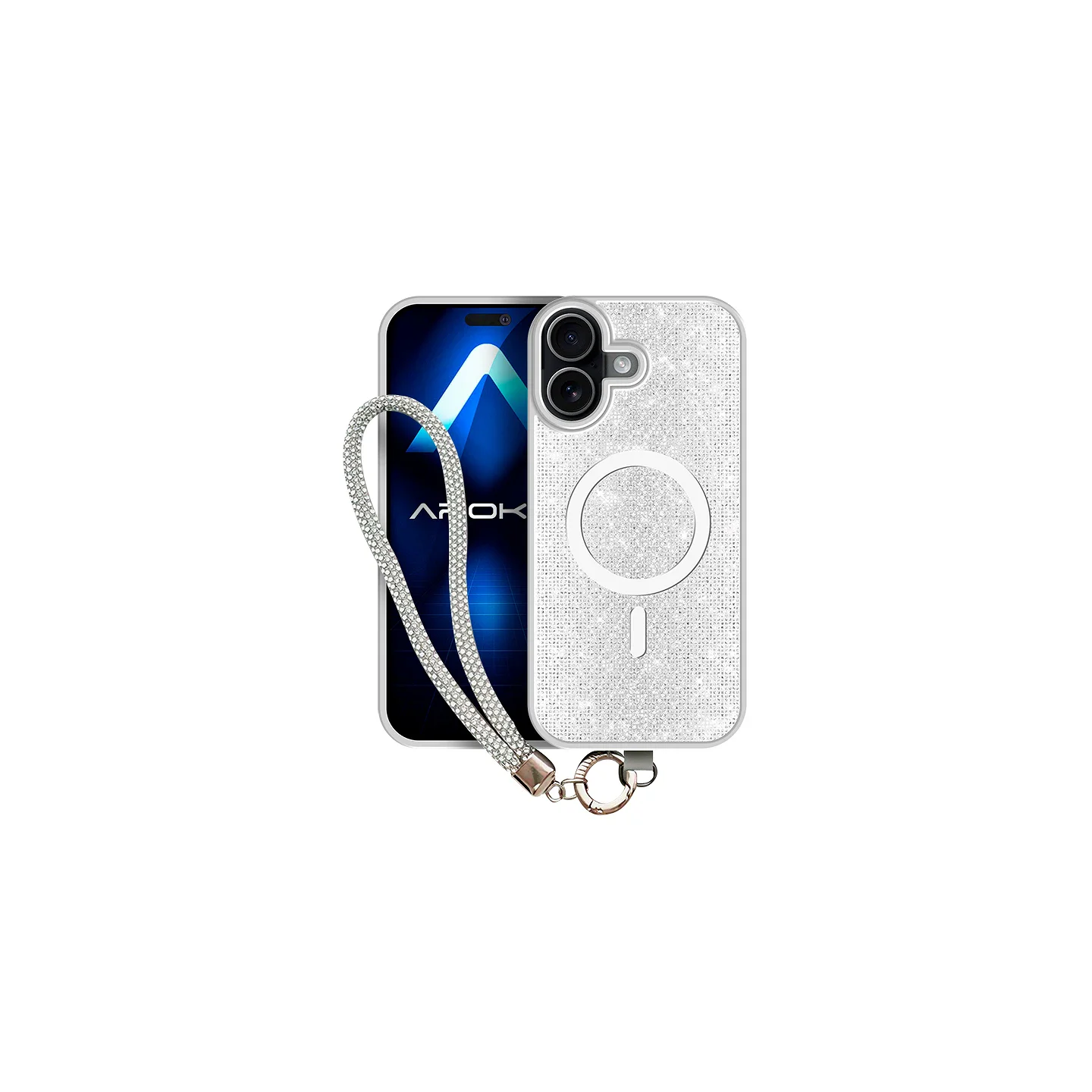 Capa Apokin com Magsafe, Diamantes e Alça para iPhone 16 Prata - Imagem 1