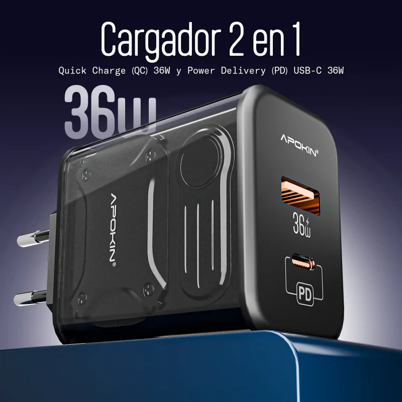 Carregador de Isqueiro Apokin USB-A e USB-C 36 W Preto - Imagem 2
