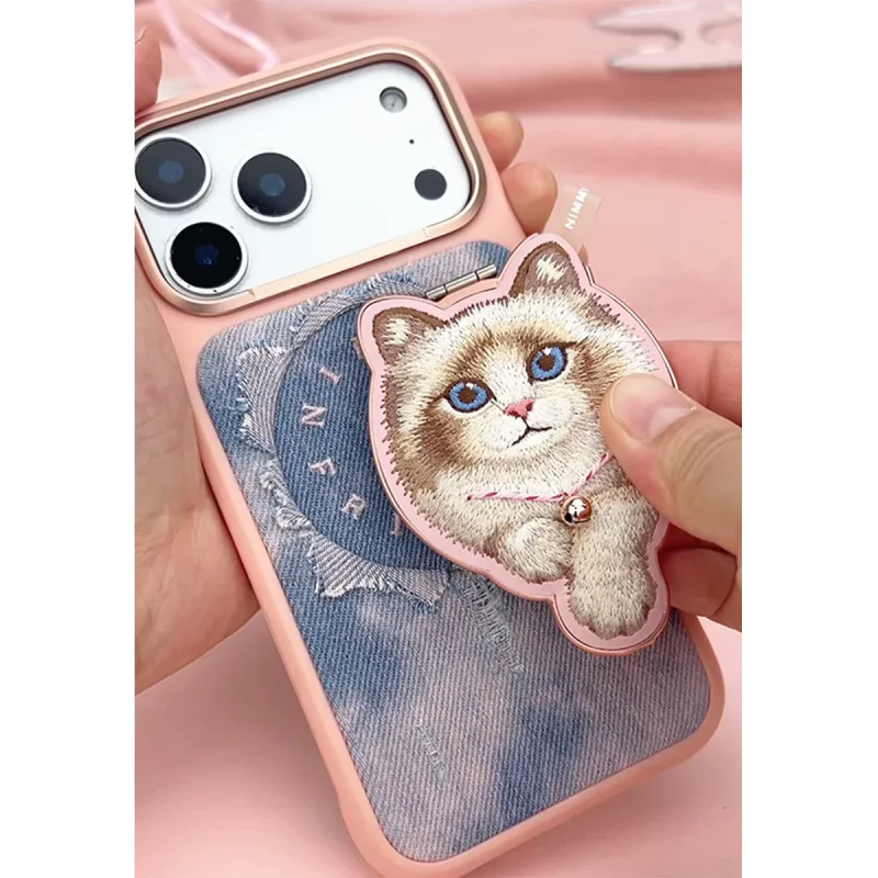 Suporte Magnético Apokin Nimmy Friends em Ganga com Gato Bordado Rosa - Imagem 5