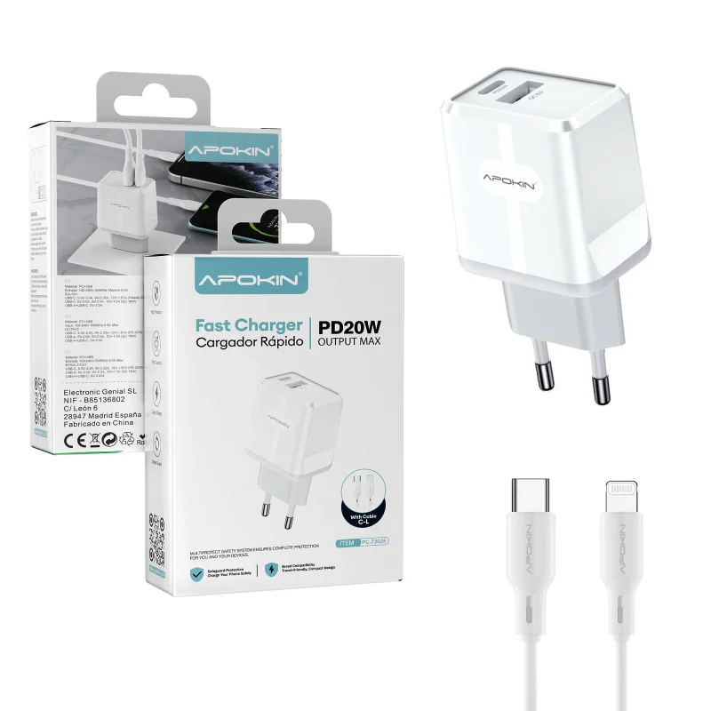 Carregador Rápido Apokin 20 W USB-A e USB-C PD com Cabo USB-C para Lightning