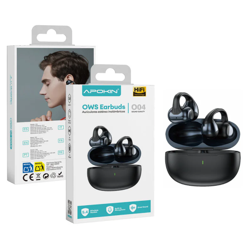 Auriculares Apokin OWS O04 Bluetooth 5.4 sem fios com Microfone Preto