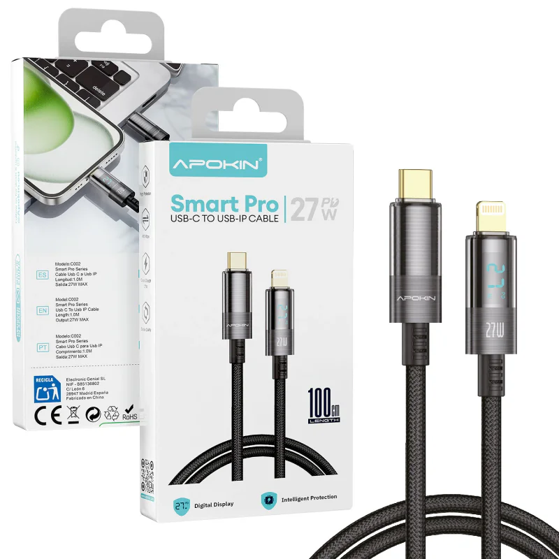 Cabo USB-C para Lightning Apokin Smart Pro 27 W com Ecrã Digital