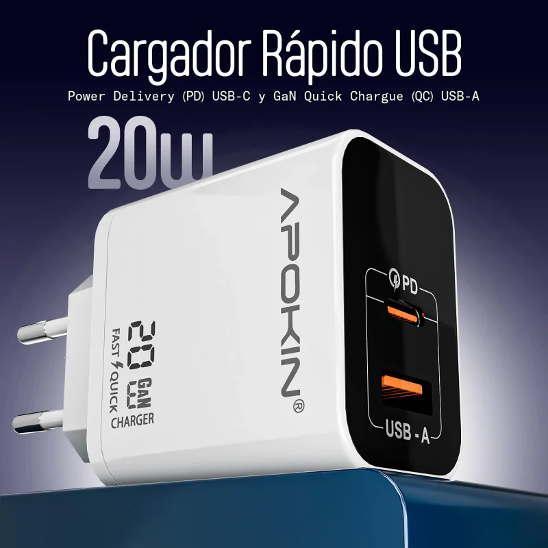 Carregador de Parede Apokin USB-C + USB-A 20 W 3.0 A - Imagem 2