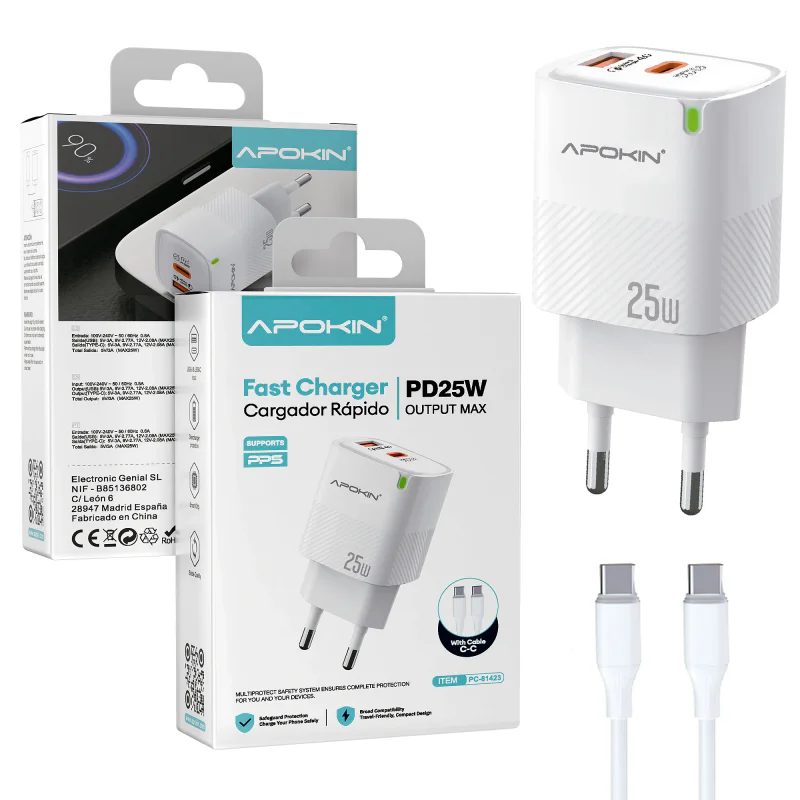 Carregador de Parede Apokin USB-C e USB-A 25 W 3,0 A com Cabo USB-C Branco - Imagem 1