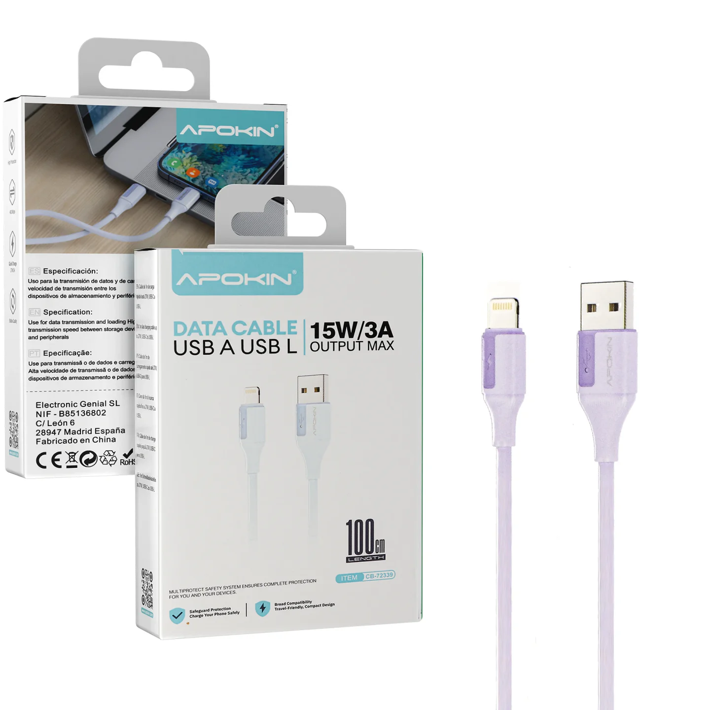 Cabo Apokin USB-A para Lightning 1 m 15 W 3 A Lilás