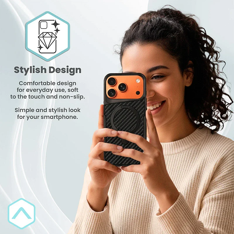 Capa Apokin Efeito Carbono com Anel e Suporte para iPhone 17 Pro Max / 18 Pro Max - Imagem 5