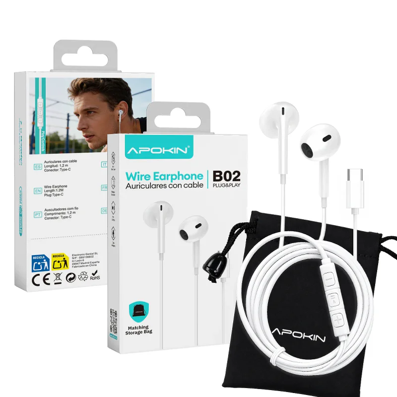 Auriculares Apokin com Fio USB Type-C com Microfone e Controlo Branco