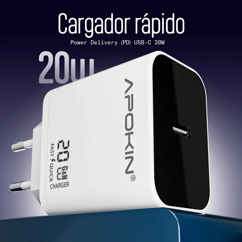 Carregador de Parede Apokin USB-C 20 W 3.0 A com Cabo Lightning Vermelho - Imagem 2