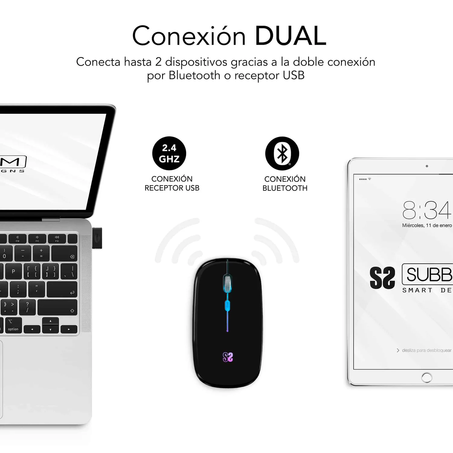 Rato Sem Fios Subblim LED Dual Flat Bluetooth + 2,4 GHz Recarregável 1600 DPI Preto - Imagem 4