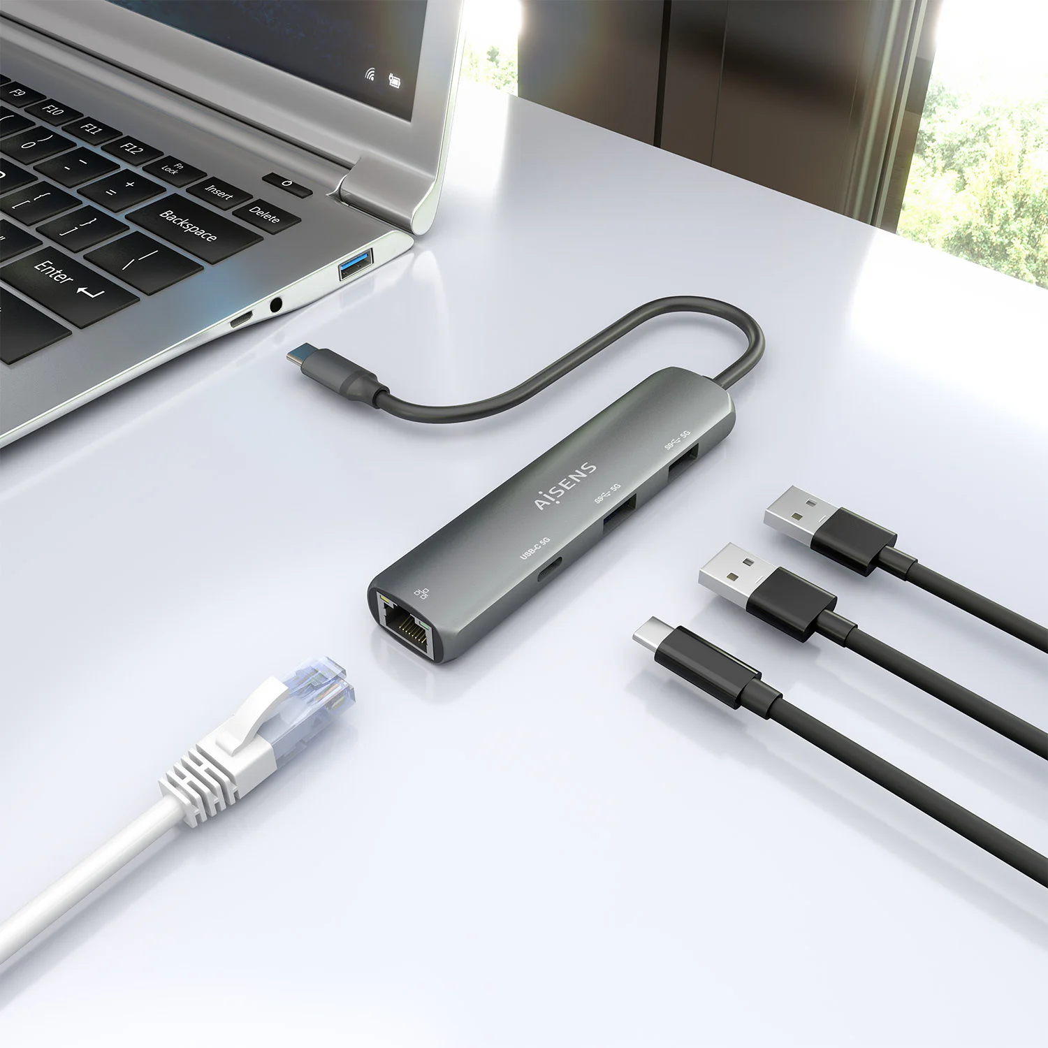Hub USB Tipo-C Aisens ASUC-4P039-GR 1x USB-C 2x USB 3.2 1x RJ45 Gigabit Cinzento - Imagem 3