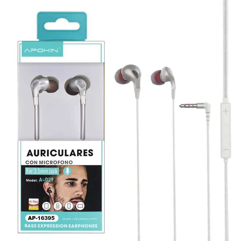 Auriculares Apokin A028-A029 com Microfone Branco - Imagem 1