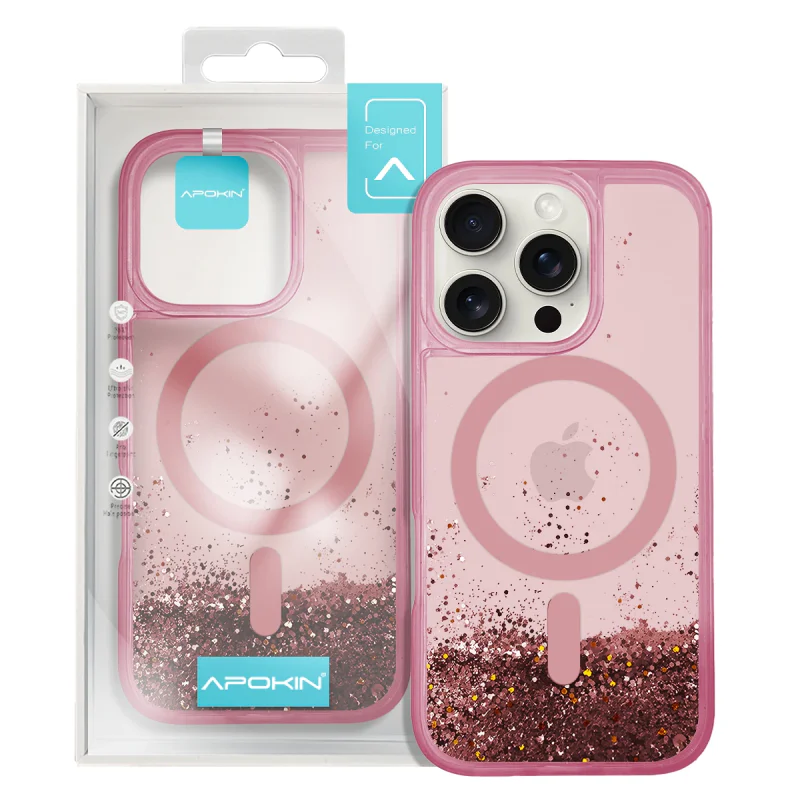 Capa Apokin para iPhone 15 Pro Purpurina Líquida com MagSafe Rosa - Imagem 6