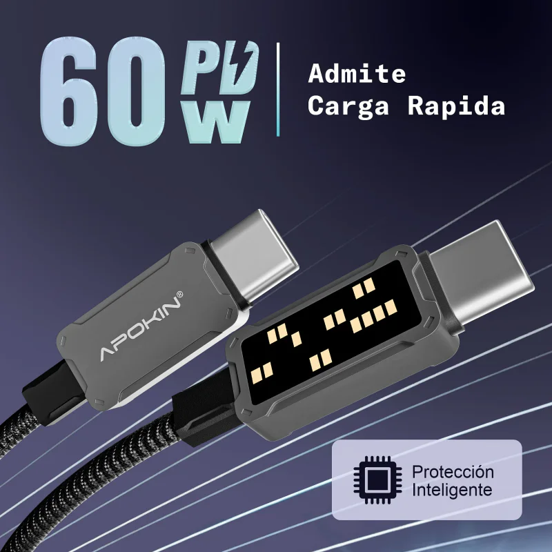 Cabo USB Apokin Smart Pro USB-C para USB-C 60 W com Luz Dinâmica - Imagem 3
