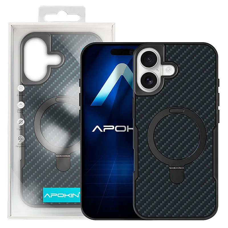 Capa Apokin para iPhone 17 Efeito Carbono com Anel e Suporte