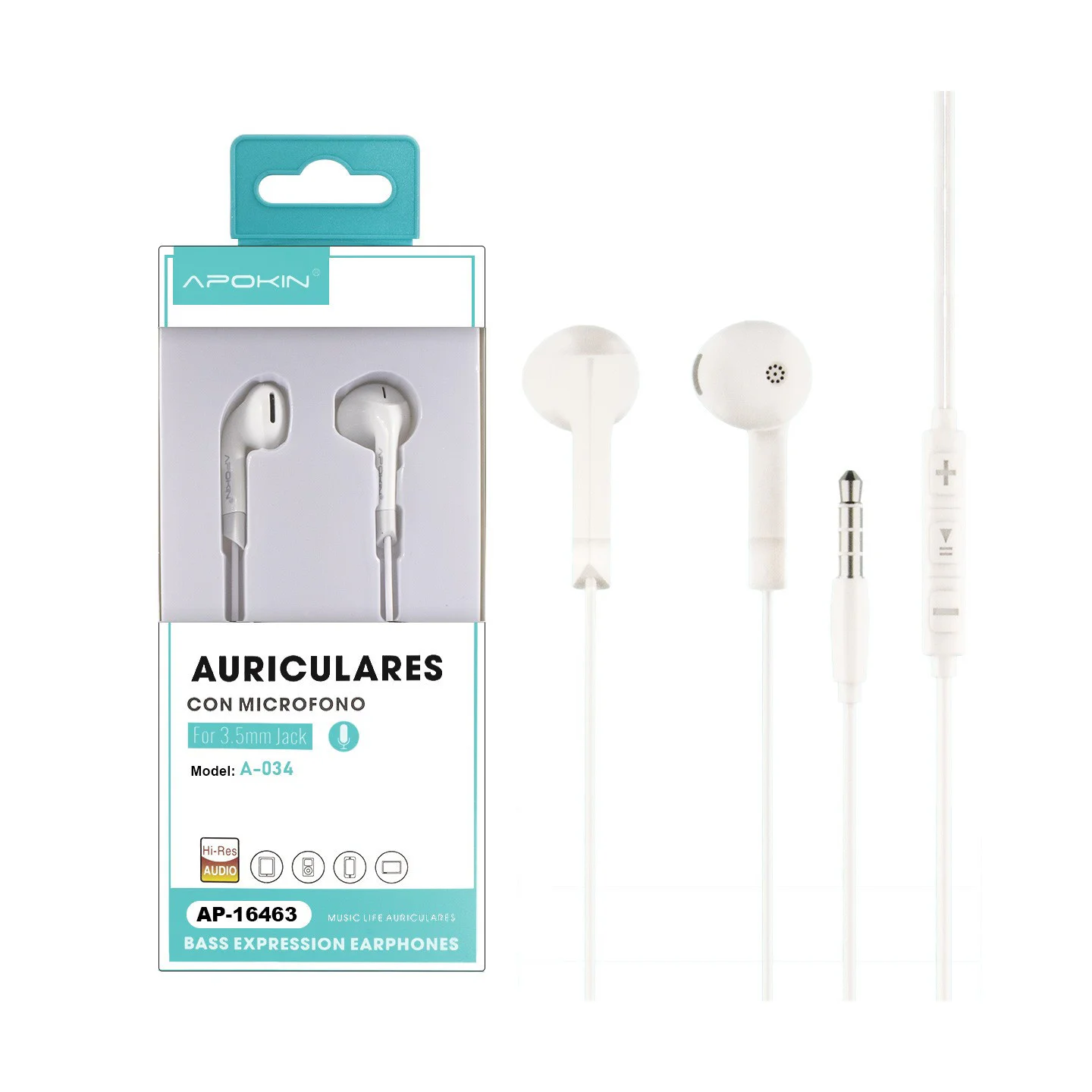 Auscultadores Apokin com Microfone A034 Branco - Imagem 1