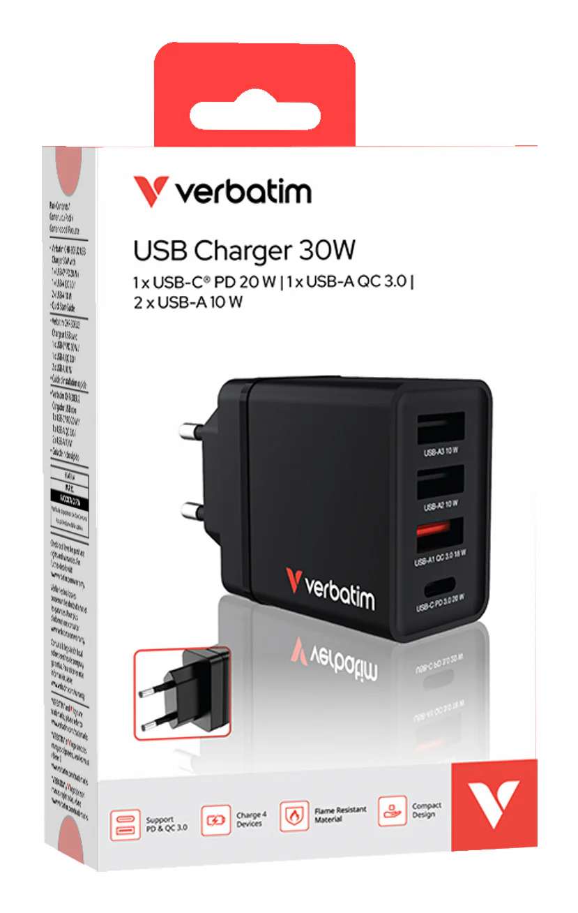 Carregador de Parede Verbatim 30W 4 Portas 1x USB-C PD 20W 3x USB-A QC 3.0 Preto - Imagem 7