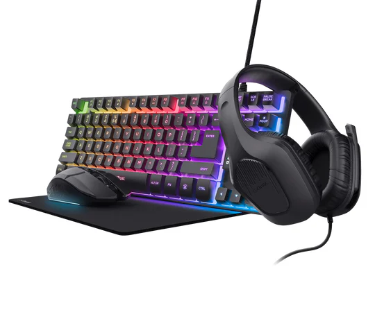 Pack Gaming Trust GXT 780 4 em 1 Teclado TKL, Rato Sem Fios, Auscultadores e Tapete Preto (Teclado PT) - Imagem 1