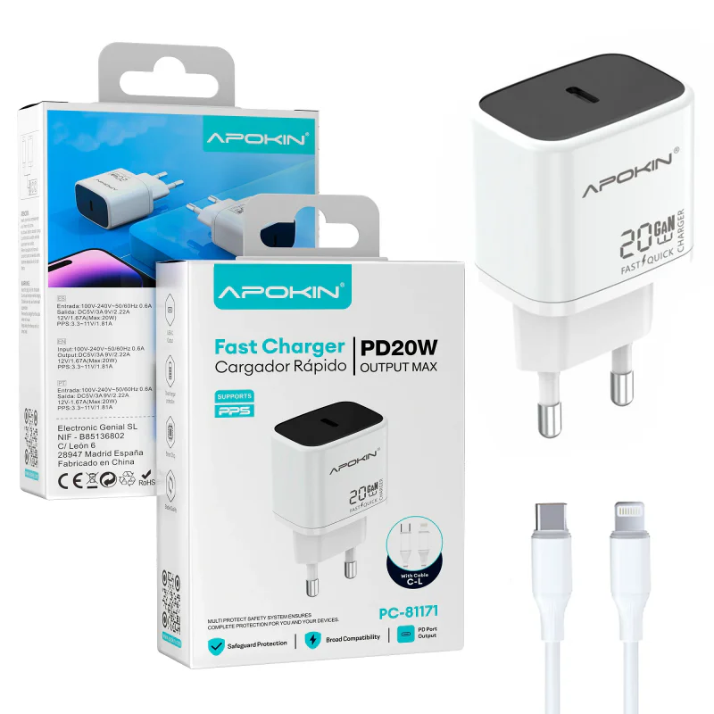 Carregador de Parede Apokin USB-C 20 W 3.0 A com Cabo Lightning Vermelho