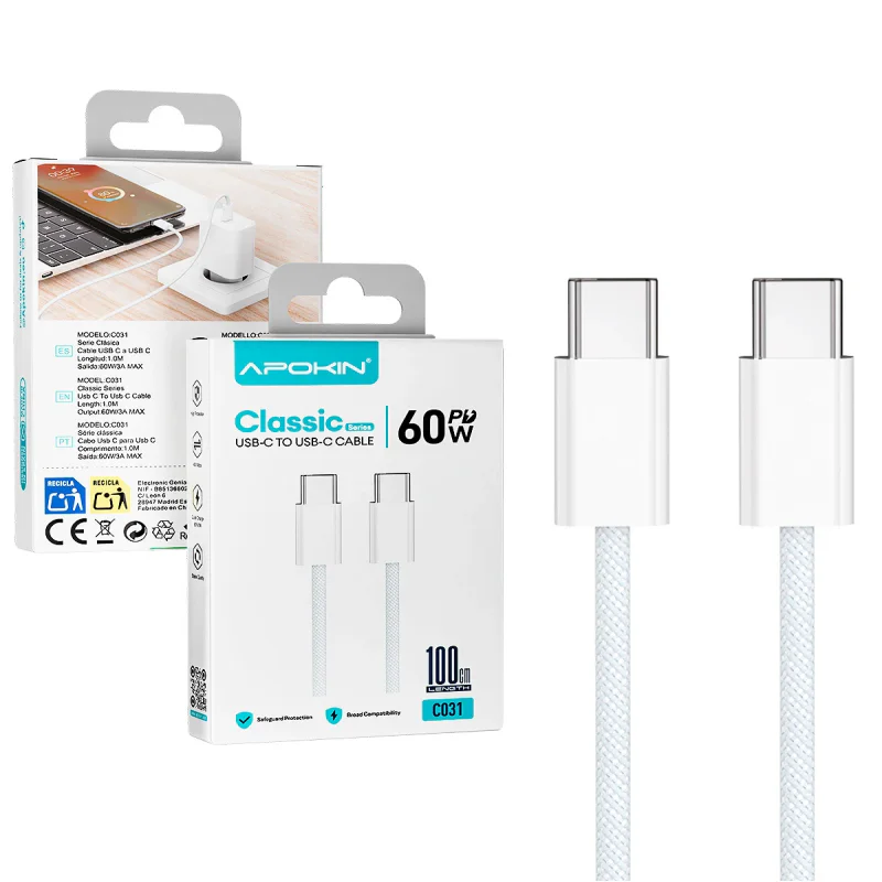 Cabo Apokin USB-C para iPhone 15 60 W 1 m Branco