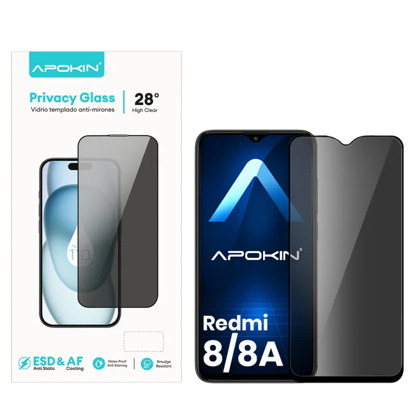 Película de Vidro Temperado de Privacidade Apokin 5D Curvo para Xiaomi Redmi 8 e 8A Preto