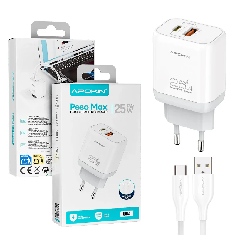 Carregador de Parede Apokin PesoMax 25 W Duplo USB-A e USB-C com Cabo Tipo-C Branco