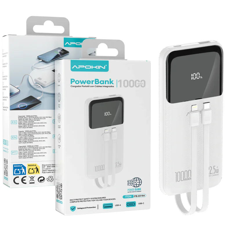 Powerbank Apokin 10000 mAh com Cabos Integrados Preto