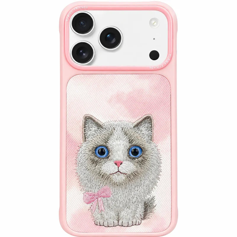 Capa Apokin Nimmy Grandes Olhos 2.0 Bordada para iPhone 17 Gato Rosa - Imagem 1