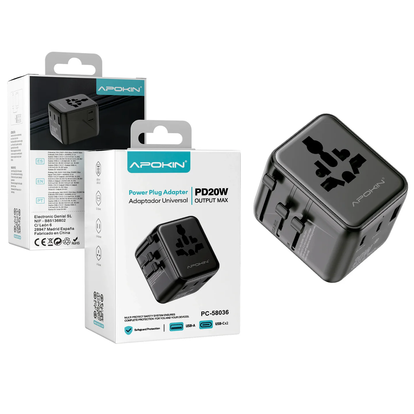 Carregador Apokin Universal de Viagem 20 W com USB-C e USB-A Preto